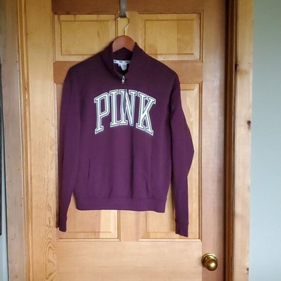 PINK Victoria's Secret Logo Graphic Full Zip Burgandy Sz. XS Hoodie w Pocketz - Picture 1 of 9